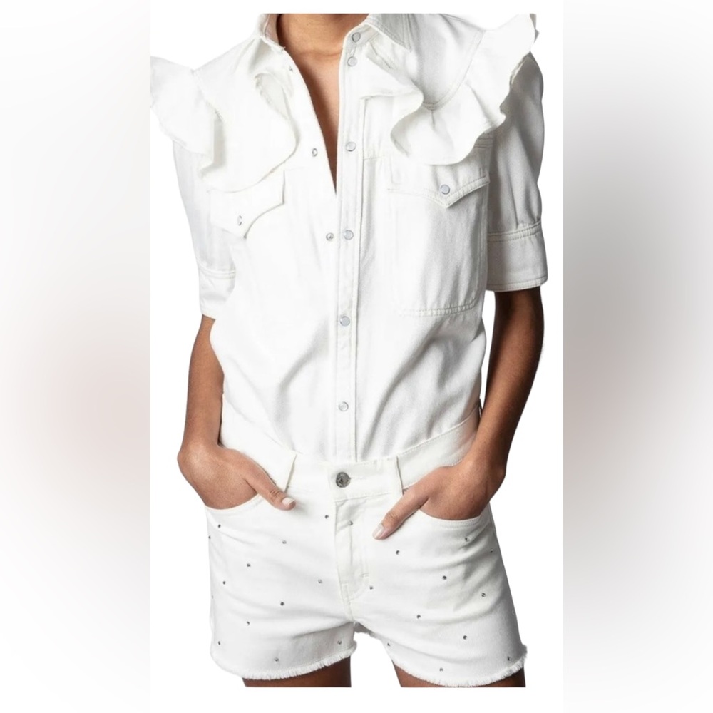 Zadig & Voltaire Toky Denim Shirt Jacket Short Sleeve Ruffled Snap Front Size XS